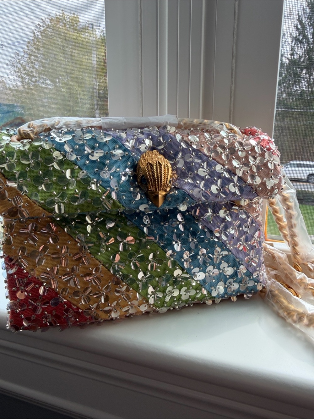 Kurt Geiger Kensington Denim Sequin Bead Rainbow Convertible Crossbody - Picture 4 of 8